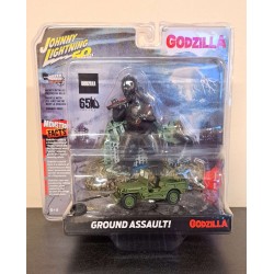 JOHNNY LIGHTNING 1/64 GODZILLA FACADE WITH WILLYS JEEP JLDR008 - BROKEN WHEEL