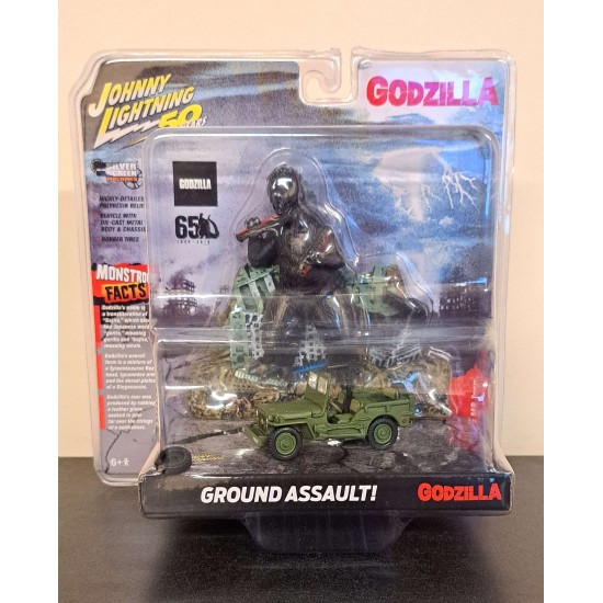 JOHNNY LIGHTNING 1/64 GODZILLA FACADE WITH WILLYS JEEP JLDR008 - BROKEN WHEEL JOHNNY LIGHTNING 1/64 GODZILLA FACADE WITH WILLYS JEEP JLDR008 - BROKEN WHEEL