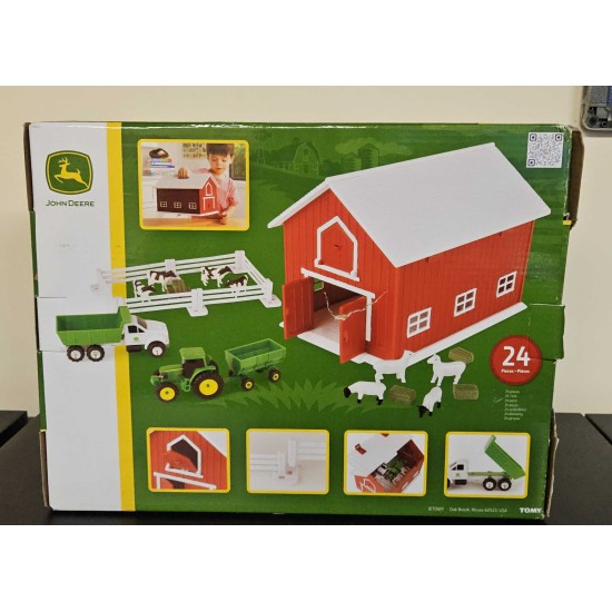 BRITAINS FARM 1/64 JOHN DEERE 24PC PLAYSET WITH RED BARN 47333 - BOX DAMAGE