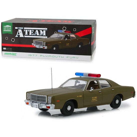 GREENLIGHT 1/18 THE A-TEAM 1977 PLYMOUTH FURY U.S. ARMY POLICE 19053 - DEFECT
