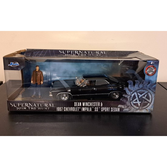 JADA 1/24 1967 CHEVY IMPALA WITH DEAN FIGURE SUPERNATURAL 32250 DENTED BOX JADA 1/24 1967 CHEVY IMPALA WITH DEAN FIGURE SUPERNATURAL 32250 DENTED BOX