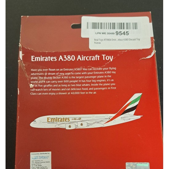 DARON EMIRATES A380 DIECAST TOY MODEL RT9904 - BOX TORN DARON EMIRATES A380 DIECAST TOY MODEL RT9904 - BOX TORN