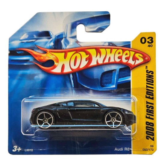 HOT WHEELS 2008 FIRST EDITIONS 03/40 AUDI R8 BLACK WITH BLUE WINDOWS #003 L9918 HOT WHEELS 2008 FIRST EDITIONS 03/40 AUDI R8 BLACK WITH BLUE WINDOWS #003 L9918