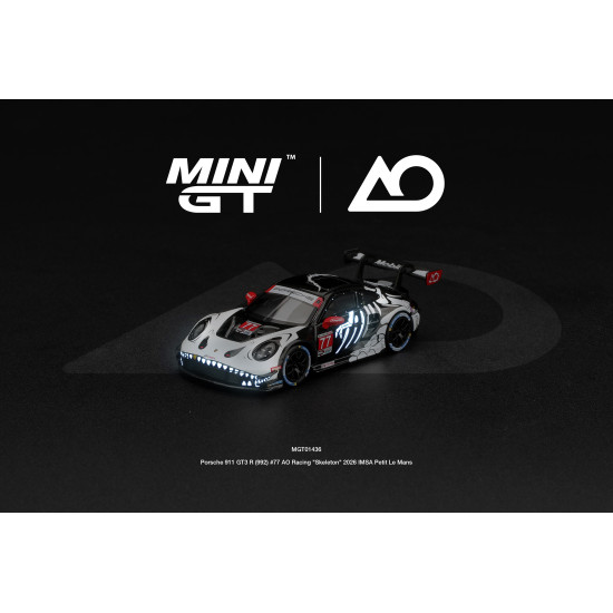 1/64 PORSCHE 911 GT3 R (992) NO.77 AO RACING SKELETON REXY 2026 IMSA PETIT LE MANS (LHD) BLISTER PACKAGING