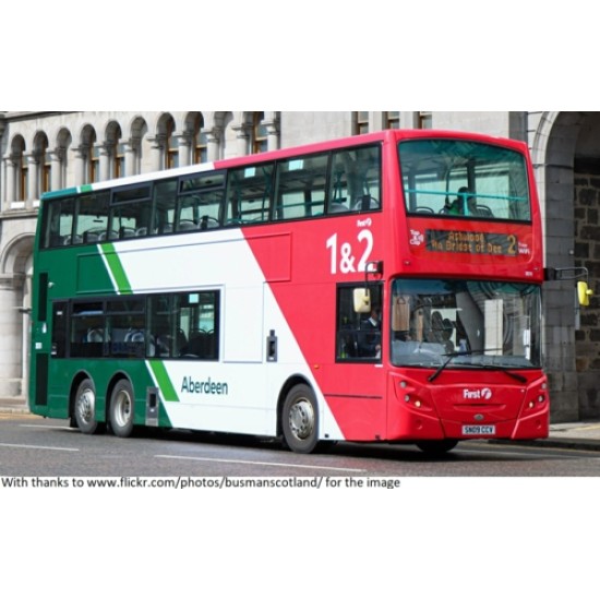 EIGUKD76004 - 1/76 DENNIS TRIDENT E500 - FIRST BUS ABERDEEN - 1 AND 2 ROUTE PROMOTION - ROUTE 2 ASHWOOD VIA BRIDGE OF DEE, FLEET 38218 - REGISTRATION  SNO9CCV