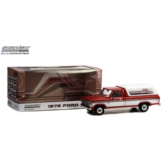 1/18 1975 FORD F-100 CANDY APPLE RED WITH WIMBLEDON WHITE BODYSIDE ACCENT PANEL AND DELUXE BOX COVER