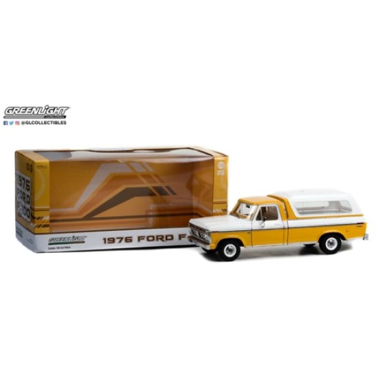 1/18 1976 FORD F-100 CHROME YELLOW WITH WIMBLEDON WHITE COMBINATION TU-TONE AND DELUXE BOX COVER