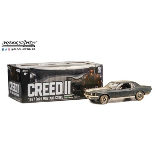 1/18 CREED II (2018) ADONIS CREEDS 1967 FORD MUSTANG COUPE MATTE BLACK WITH WHITE STRIPES (WEATHERED)
