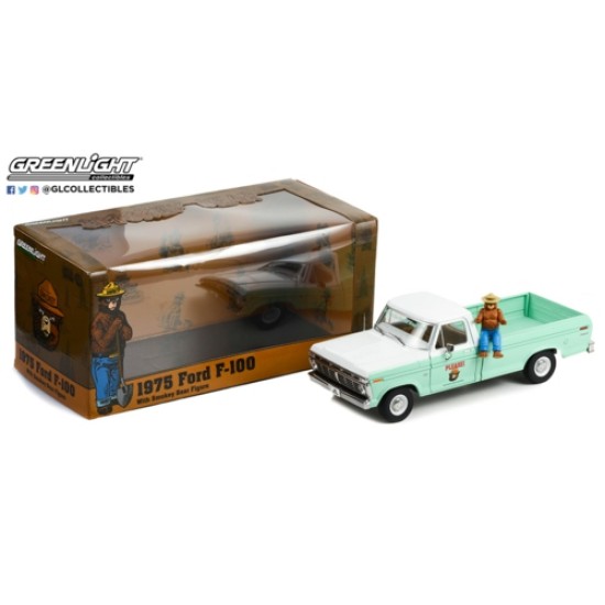 1/18 1975 FORD F-100 FOREST SERVICE GREEN WITH SMOKEY BEAR FIGURE ONLY YOU CAN PREVENT WILDFIRES