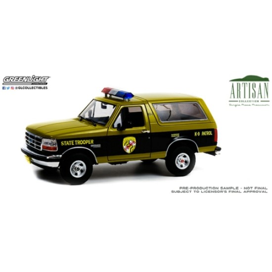 1/18 ARTISAN COLLECTION 1996 FORD BRONCO MARYLAND STATE POLICE STATE TROOPER - BLOODHOUND SEARCH TEAM K-9 PATROL