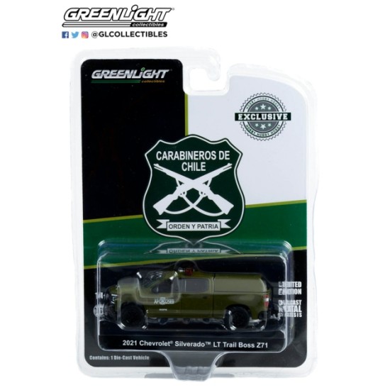 1/64 2021 CHEVROLET SILVERADO LT TRAIL BOSS Z71 POLICE WITH CAMPER SHELL - CARABINEROS DE CHILE (GOPE) (HOBBY EXCLUSIVE)