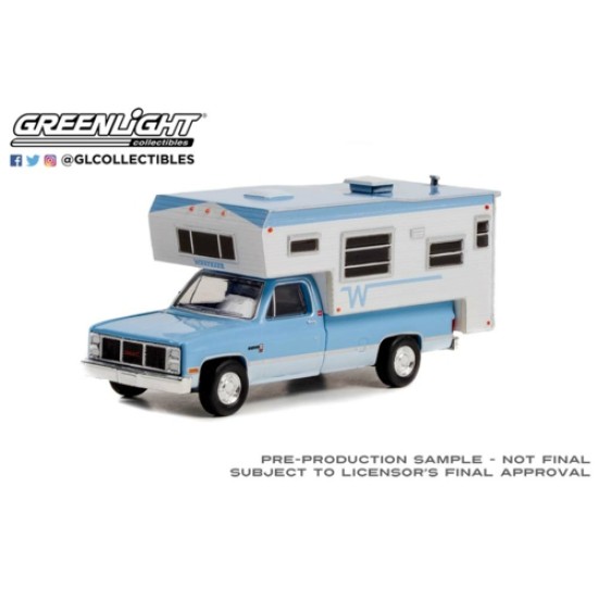 1/64 1985 GMC SIERRA 2500 WITH WINNEBAGO SLIDE-IN CAMPER LIGHT BLUE AND FROST WHITE (HOBBY EXCLUSIVE)