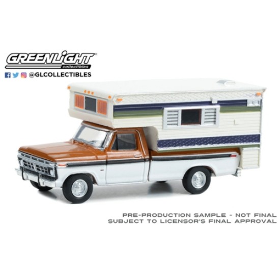 1/64 1976 FORD F-250 CAMPER SPECIAL WITH LARGE CAMPER NECTARINE POLY AND WIMBLEDON WHITE DELUXE TU-TONE (HOBBY EXCLUSIVE)