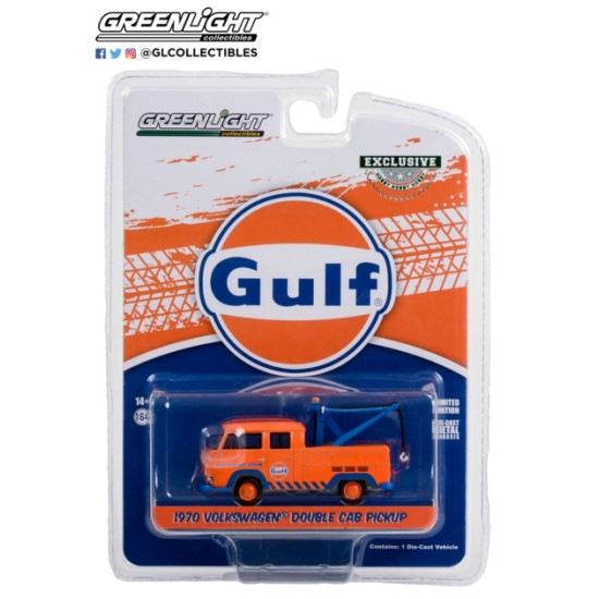 1/64 1970 VW DOUBLE CAB PICKUP WITH DROP TOW HOOK GULF OIL THAT GOOD STUFF GASOLINE (HOBBY EXCLUSIVE)