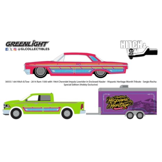 GL30555 - 1/64 HITCH AND TOW - 2014 RAM 1500 WITH 1964 CHEVROLET IMPALA LOWRIDER IN ENCLOSED HAULER - HISPANIC HERITAGE MONTH TRIBUTE - HOBBY EXCLUSIVE GL30555 - 1/64 HITCH AND TOW - 2014 RAM 1500 WITH 1964 CHEVROLET IMPALA LOWRIDER IN ENCLOSED HAULER - HISPANIC HERITAGE MONTH TRIBUTE - HOBBY EXCLUSIVE