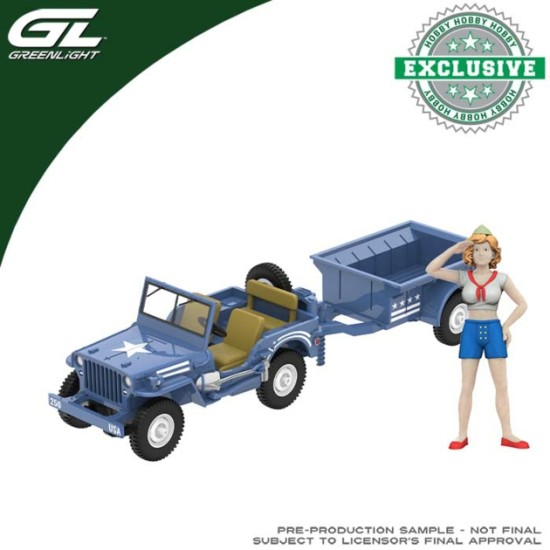 GL30594 - 1/64 HITCH AND TOW - WILLYS MB JEEP WITH CARGO TRAILER 1943 AND MILITARY PIN UP GIRL FIGURINE - AMERICA 250 EDITION - HOBBY EXCLUSIVE