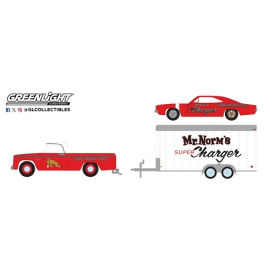 GL31170-A - 1/64 RACING HITCH AND TOW SERIES 5 - 1966 DODGE D-100 AND 1969 DODGE CHARGER SUPER CHARGER - MR NORM'S WITH ENCLOSED CAR HAULER