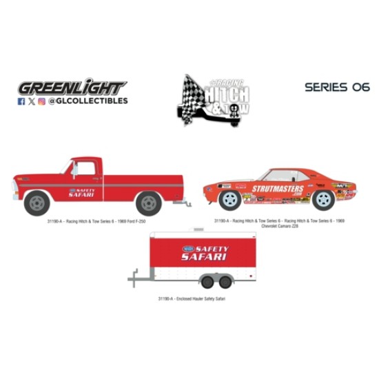 GL31190-A - 1/64 RACING HITCH AND TOW SERIES 6 - FORD F-250 1969 AND CHEVY Z/28 CAMARO 1969 - DAN FLETCHER WITH ENCLOSED HAULER SAFETY SAFARI GL31190-A - 1/64 RACING HITCH AND TOW SERIES 6 - FORD F-250 1969 AND CHEVY Z/28 CAMARO 1969 - DAN FLETCHER WITH ENCLOSED HAULER SAFETY SAFARI