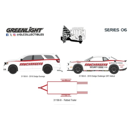 GL31190-B - 1/64 RACING HITCH AND TOW SERIES 6 - DODGE DURANGO 2018 AND DODGE CHALLENGER R-T HEMI 2016 WITH AEROVAULT MII TRAILER GL31190-B - 1/64 RACING HITCH AND TOW SERIES 6 - DODGE DURANGO 2018 AND DODGE CHALLENGER R-T HEMI 2016 WITH AEROVAULT MII TRAILER