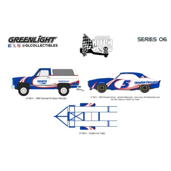 GL31190-C - 1/64 RACING HITCH AND TOW SERIES 6 - RAM 2500 2017 AND FORD MUSTANG GT GULF 2024 WITH FLATBED TRAILER