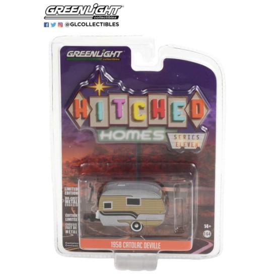 1/64 HITCHED HOMES SERIES 11 1958 CATOLAC DEVILLE TRAVEL TRAILER GOLD, BLACK AND ALUMINUM