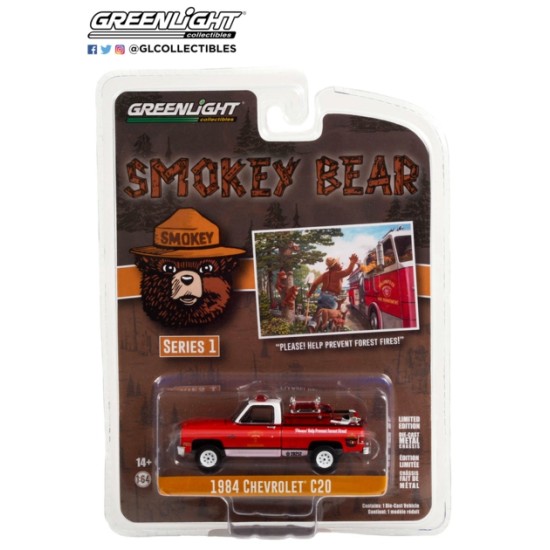 1/64 SMOKEY BEAR SERIES 1 1984 CHEVROLET C20 CUSTOM DELUXE WITH FIRE EQUIPMENT PLEASE HELP PREVENT FOREST FIRES