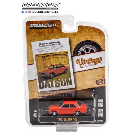 1/64 VINTAGE AD CARS SERIES 5 - 1972 DATSUN 510 UNDER OUR SEDAN BODY LURKS A SECRET SPORTS CAR