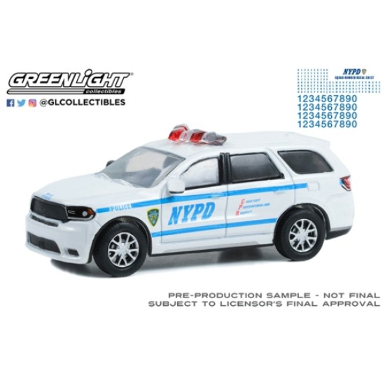GL42775 - 1/64 HOT PURSUIT - 2019 DODGE DURANGO WITH NYPD SQUAD NUMBER DECAL SHEET