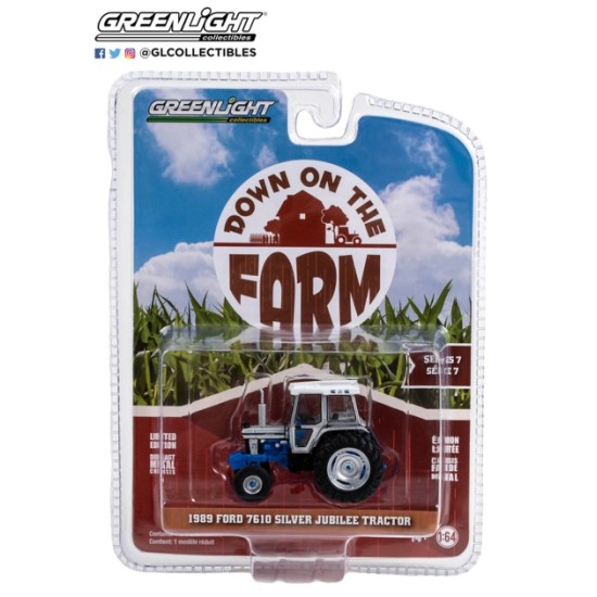 1/64 DOWN ON THE FARM SERIES 7 1989 FORD 7610 SILVER JUBILEE TRACTOR WHITE AND BLUE