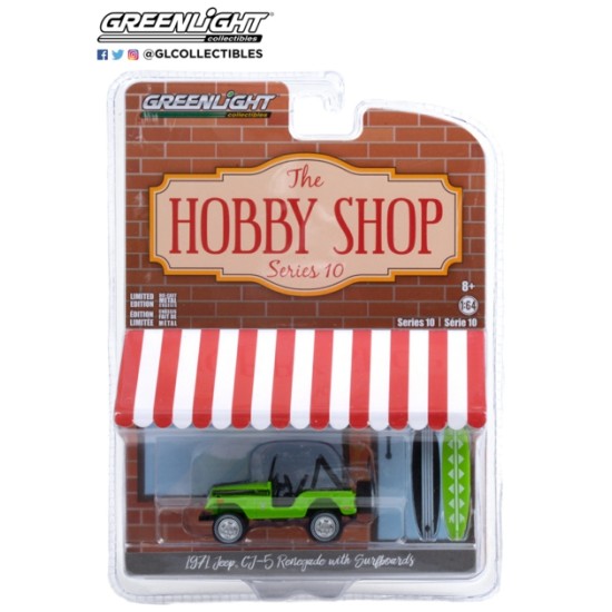 GL97100-B - 1/64 THE HOBBY SHOP SERIES 10 - 1971 JEEP CJ-5 RENEGADE II WITH SURFBOARDS BIG BAD GREEN SOLID PACK