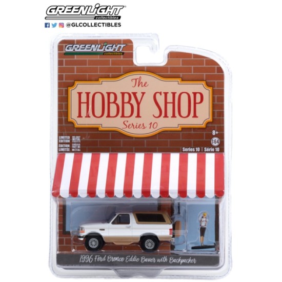 GL97100-F - 1/64 THE HOBBY SHOP SERIES 10 - 1996 FORD BRONCO EDDIE BAUER WITH BACKPACKER OXFORD WHITE SOLID PACK