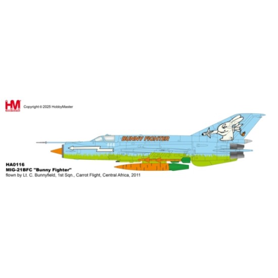 HA0116 - 1/72 MIG-21BFC BUNNY FIGHTER FLOWN BY LT. C. BUNNYFIELD, 1ST SQN., CARROT FLIGHT, CENTRAL AFRICA, 2011