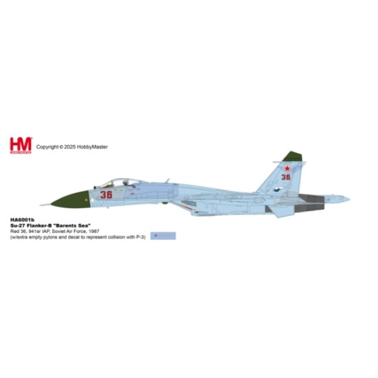 HA6001b - 1/72 SU-27 FLANKER-B BARENTS SEA, RED 36, 941SR IAP, SOVIET AIR FORCE, 1987 (W/EXTRA EMPTY PYLONS AND DECAL TO REPRESENT COLLISION WITH P-3) HA6001b - 1/72 SU-27 FLANKER-B BARENTS SEA, RED 36, 941SR IAP, SOVIET AIR FORCE, 1987 (W/EXTRA EMPTY PYLONS AND DECAL TO REPRESENT COLLISION WITH P-3)