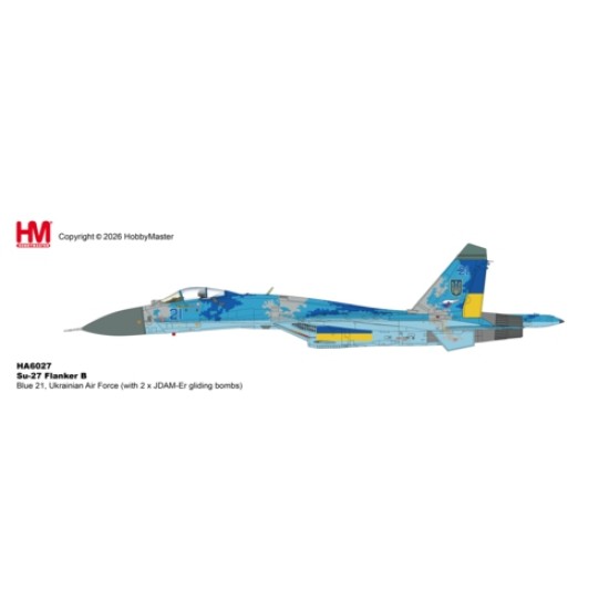 HA6027 - 1/72 SU-27 FLANKER B, BLUE 21, UKRAINIAN AIR FORCE, (WITH 2 X JDAM-ER GLIDING BOMBS)