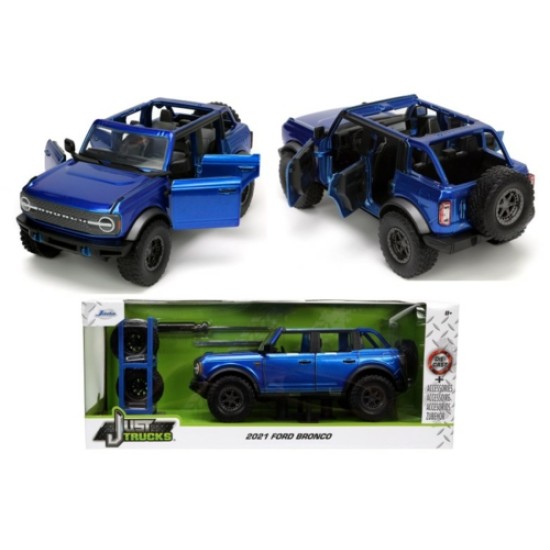 JAD33847 - 1/24 JUST TRUCKS FORD BRONCO BLUE 2021 WITH EXTRA WHEELS