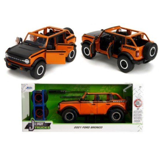 JAD34189 - 1/24 JUST TRUCKS FORD BRONCO OPEN TOP ORANGE 2021 WITH EXTRA WHEELS