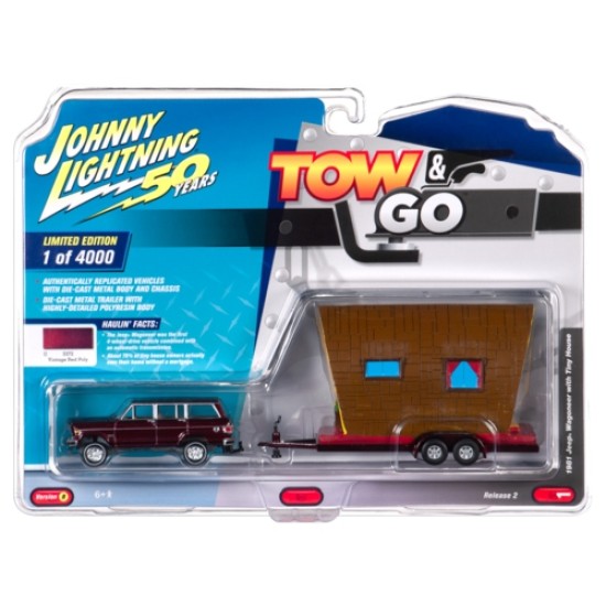 JOHNNY LIGHTNING - 1/64 TOW AND GO JEEP WAGONEER W/TINY HOUSE RED