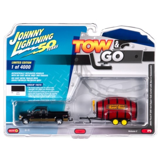 JOHNNY LIGHTNING - 1/64 TOW AND GO FORD F-250 4X4 W/ BARREL CONCESSION BLACK