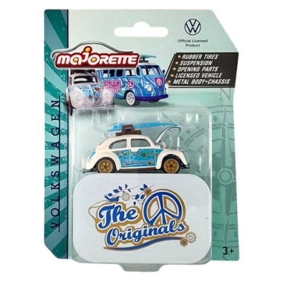 1/64 VW BEETLE WITH SURFBOARD (BLUE & WHITE) WITH COLLECTORS TIN