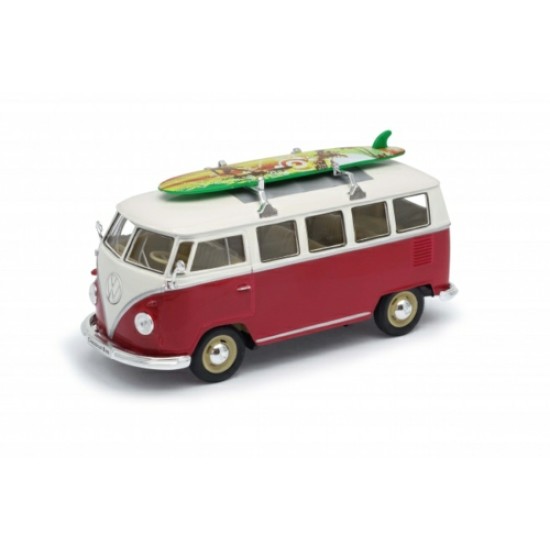 1/24 1962 VOLKSWAGEN CLASSIC BUS WITH SURF BOARD RED/WHITE